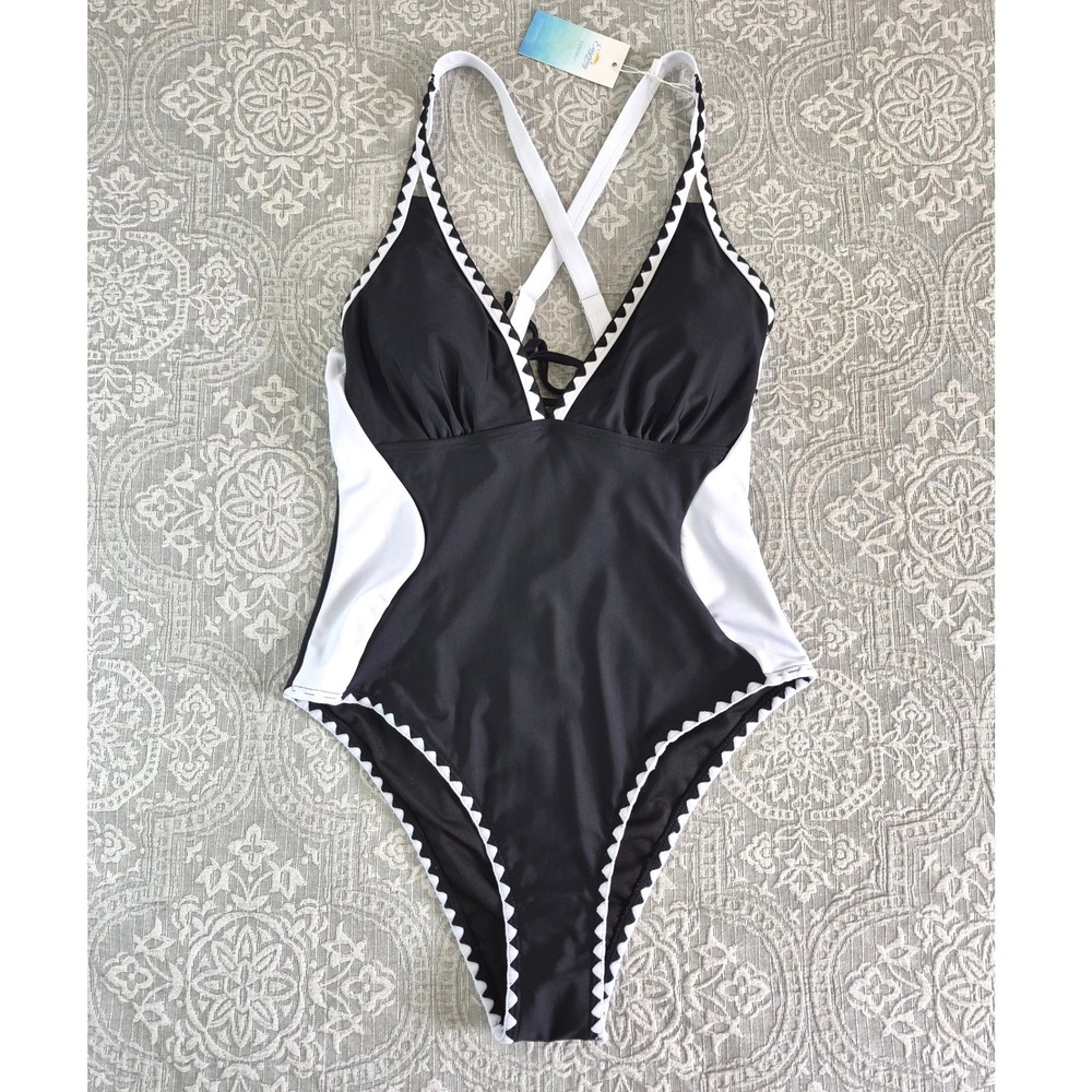Eagerbuy Womens One Piece Swimsuit Black White Scalloped Lace Up V-Neck Size S‎
